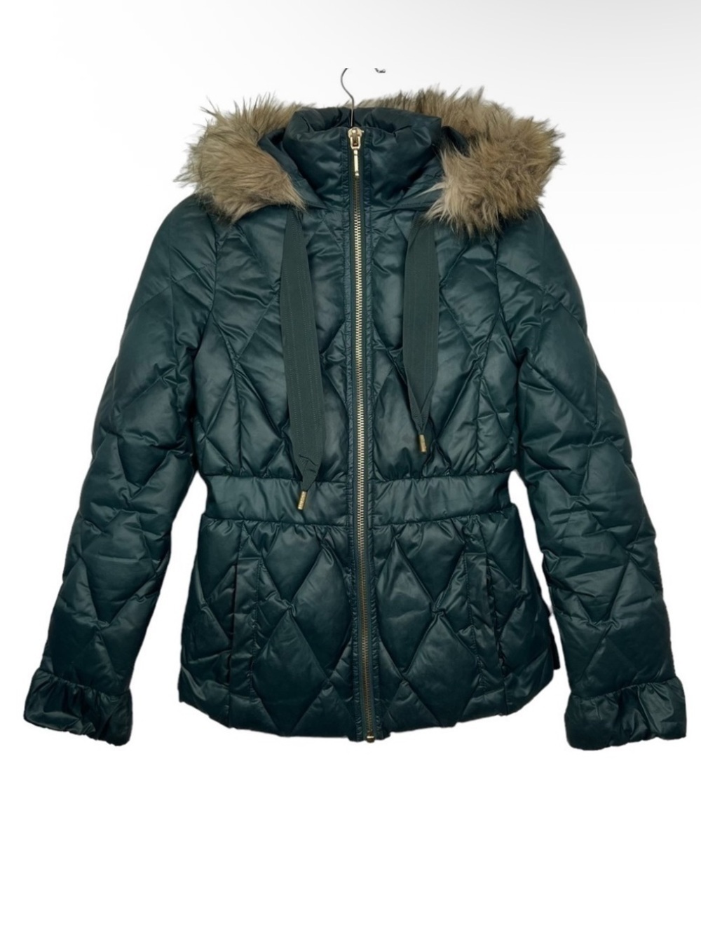 Juicy Couture Green Down Quilted Puffer Jacket With Faux Fur Hood Small